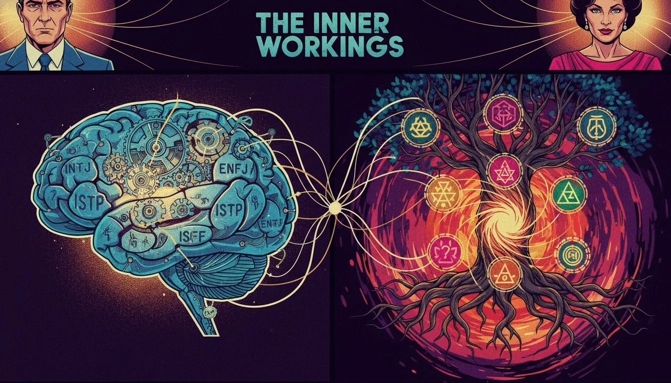 A symbolic representation of how Intuitive personality types can integrate the logical structure of MBTI (a clockwork brain) with the core motivations of the Enneagram (a tree with deep roots). Filename: intuitive-personality-types-mbti-vs-enneagram-bestie-ai.webp