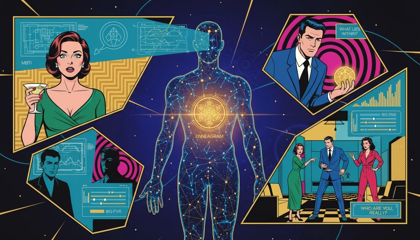A person's silhouette made of stars, illuminated by a blueprint, a glowing core, and data graphs, representing the insights from an mbti vs enneagram test comparison.webp
