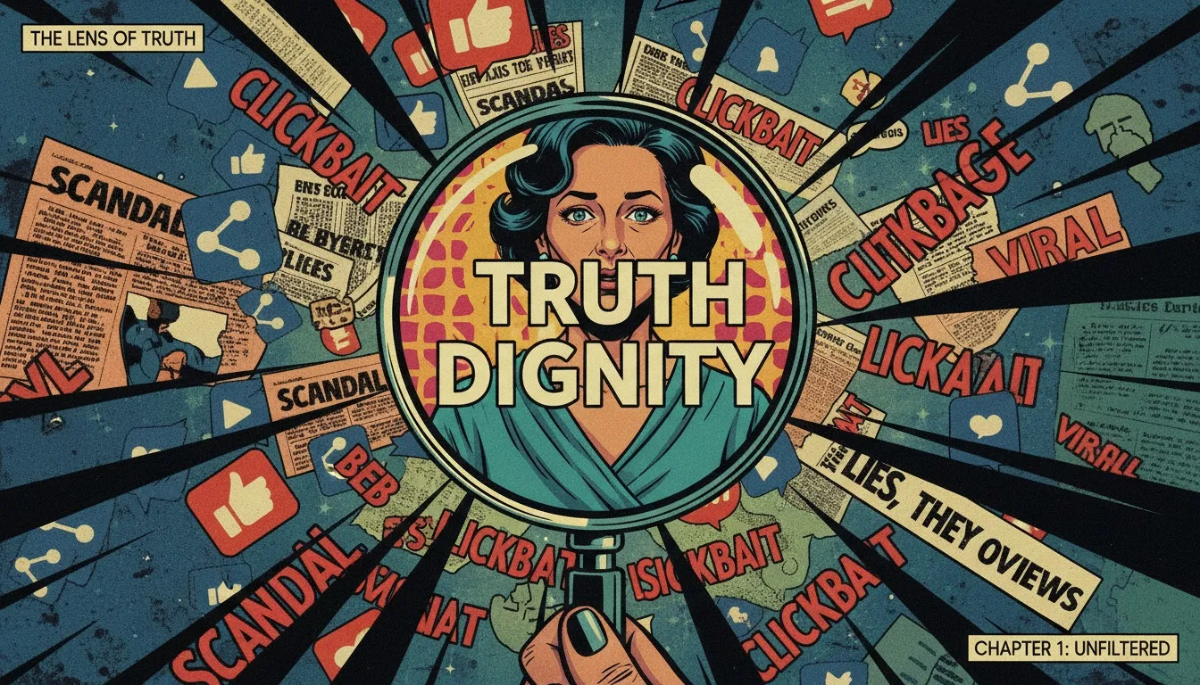 A visual metaphor for the importance of media ethics in reporting on mental illness, showing a magnifying glass finding truth and dignity amidst a storm of sensationalist news. Filename: media-ethics-in-reporting-on-mental-illness-bestie-ai.webp