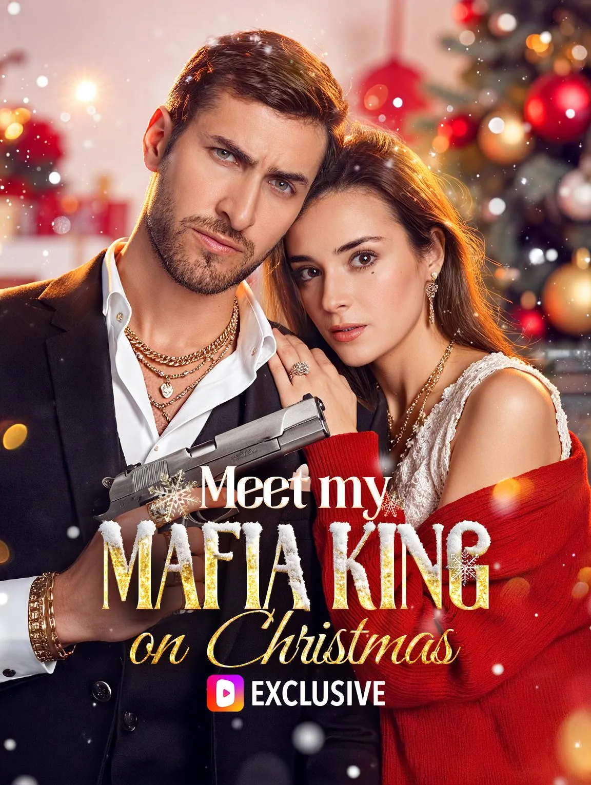 A dramatic promotional image for Meet My Mafia King On Christmas, featuring a brooding mafia boss and a defiant woman amidst a festive but tense backdrop, hinting at their intense romance.