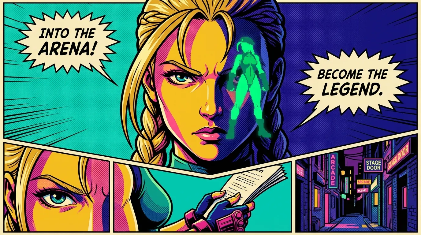 An evocative image symbolizing the casting of Mel Jarnson as Cammy, blending the actress's determined expression with the iconic video game character's silhouette. filename: mel-jarnson-as-cammy-street-fighter-bestie-ai.webp