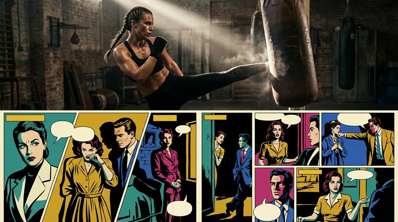 A focused female athlete, representing the grueling mel jarnson cammy training, powerfully kicking a heavy bag in a gritty gym. mel-jarnson-cammy-training-bestie-ai.webp