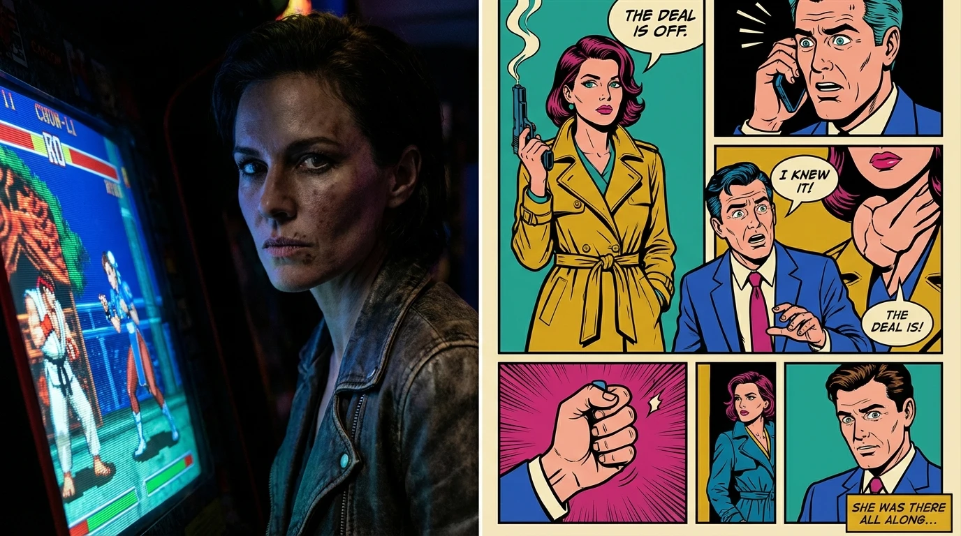 A cinematic portrait of actress Mel Jarnson, her face lit by the glow of a screen, hinting at her extensive movies and tv shows and her future in action roles. File name: mel-jarnson-movies-and-tv-shows-bestie-ai.webp