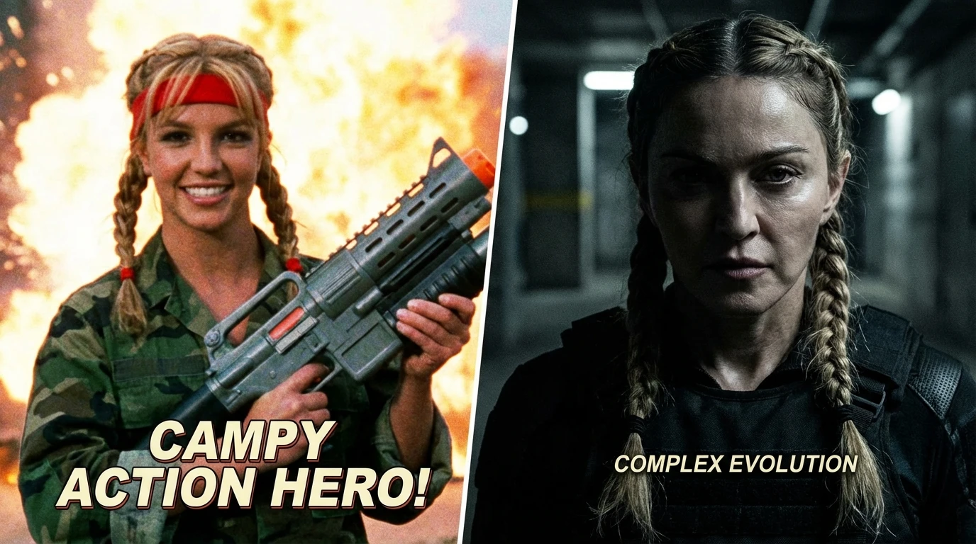 A split image comparing two versions of Cammy, highlighting the generational shift from Kylie Minogue to the new portrayal by Mel Jarnson in Street Fighter. filename: mel-jarnson-bestie-ai.webp