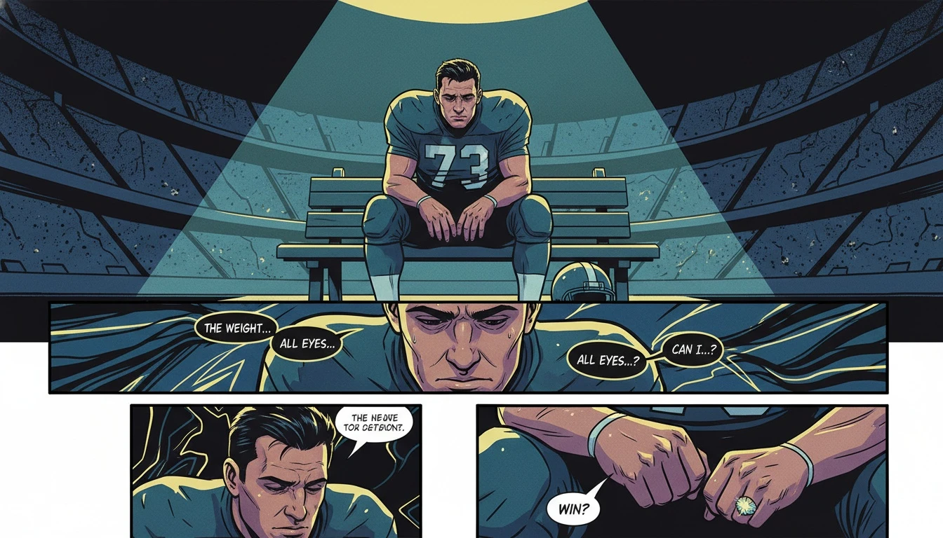 A thoughtful depiction of the mental challenges for rookie NFL players, showing a solitary athlete on a bench in an empty stadium. filename: mental-challenges-for-rookie-nfl-players-bestie-ai.webp