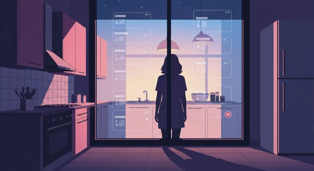 A woman managing the mental load in marriage, depicted through a symbolic to-do list overlay in a kitchen at night. mental-load-in-marriage-bestie-ai.webp
