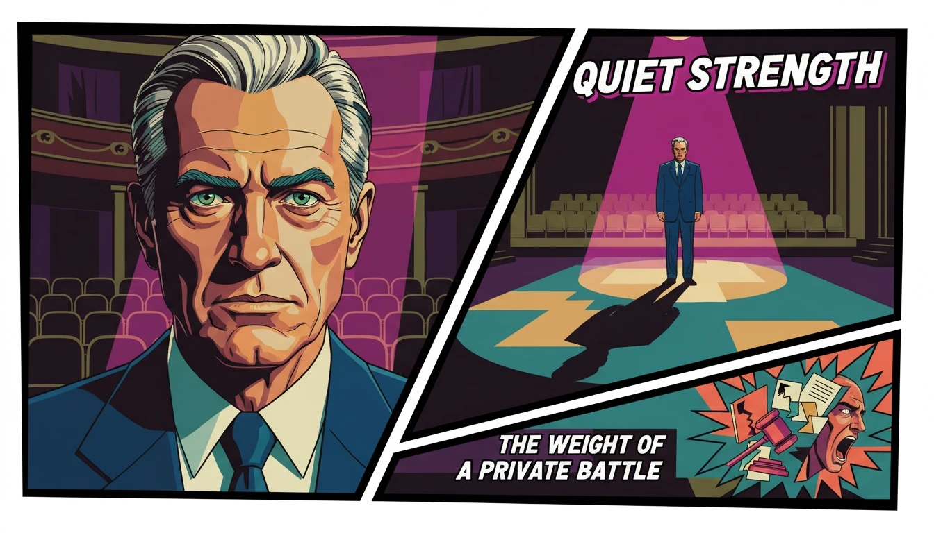 An evocative image representing the michael-douglas-throat-cancer-story-bestie-ai.webp, showing a man standing resiliently in a single spotlight, symbolizing a private health battle fought in the public eye.