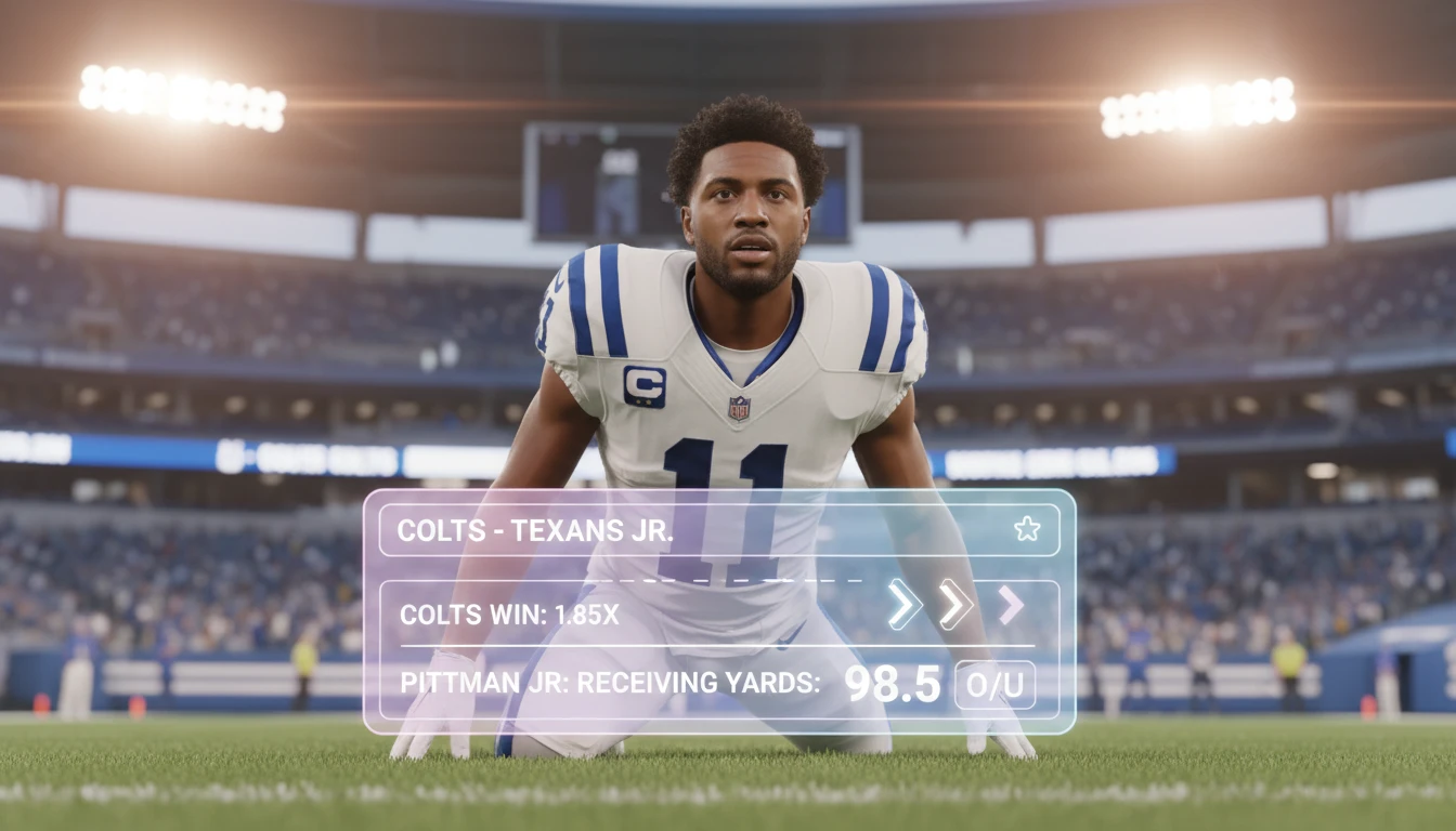 A strategic breakdown of the best Michael Pittman Jr. prop bets, showing the player on the field with data overlays for analysis. filename: michael-pittman-jr-prop-bets-bestie-ai.webp