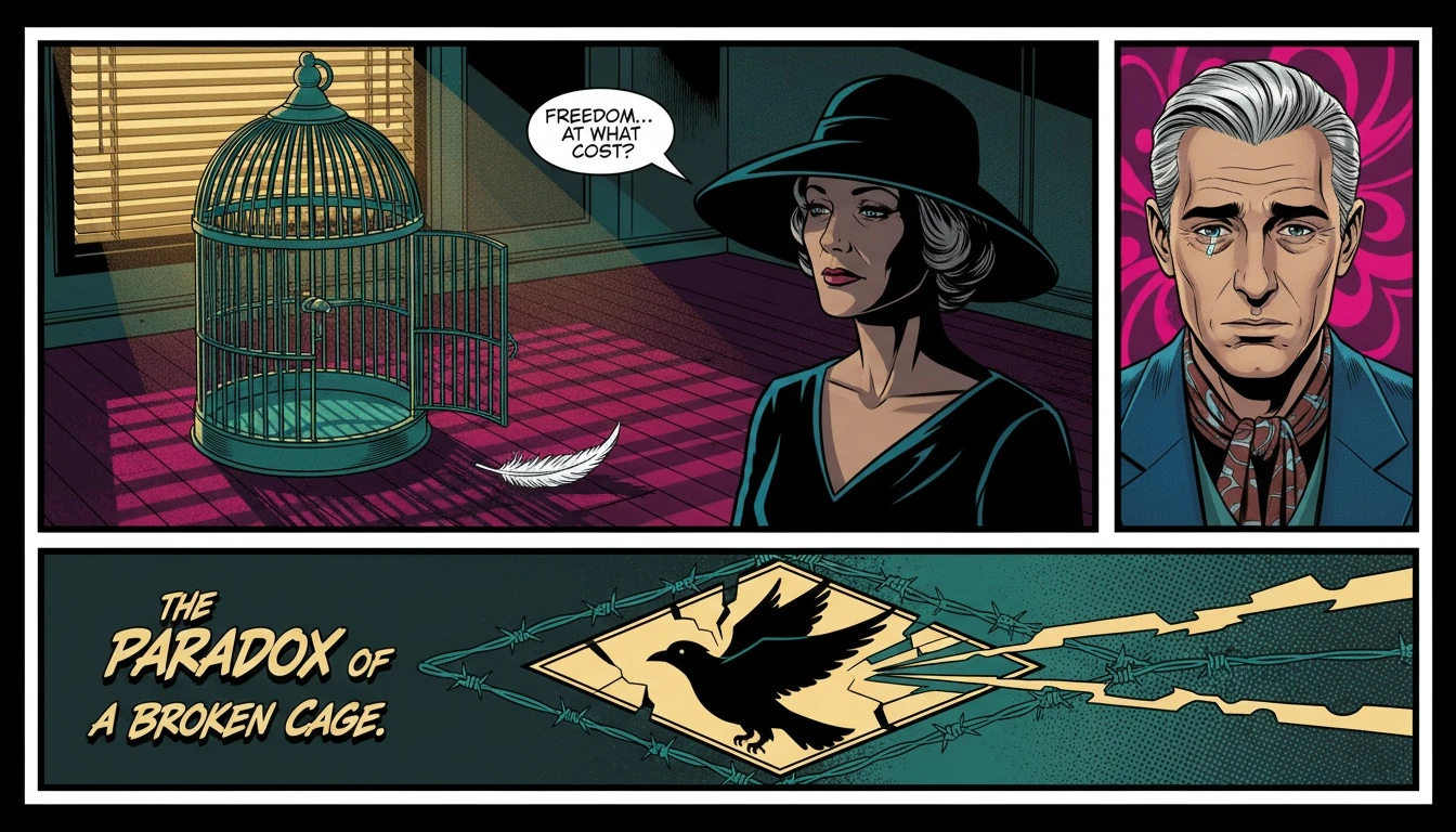 A symbolic image representing Michele Reiner mental health activism: an open birdcage in a somber room, questioning the cost of freedom. filename: michele-reiner-mental-health-activism-bestie-ai.webp