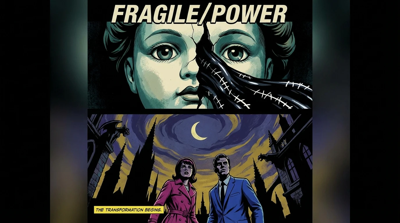 A symbolic image for our michelle pfeiffer catwoman analysis: a cracked porcelain doll reveals a stitched black latex interior, set against a gothic city. Filename: michelle-pfeiffer-catwoman-analysis-bestie-ai.webp