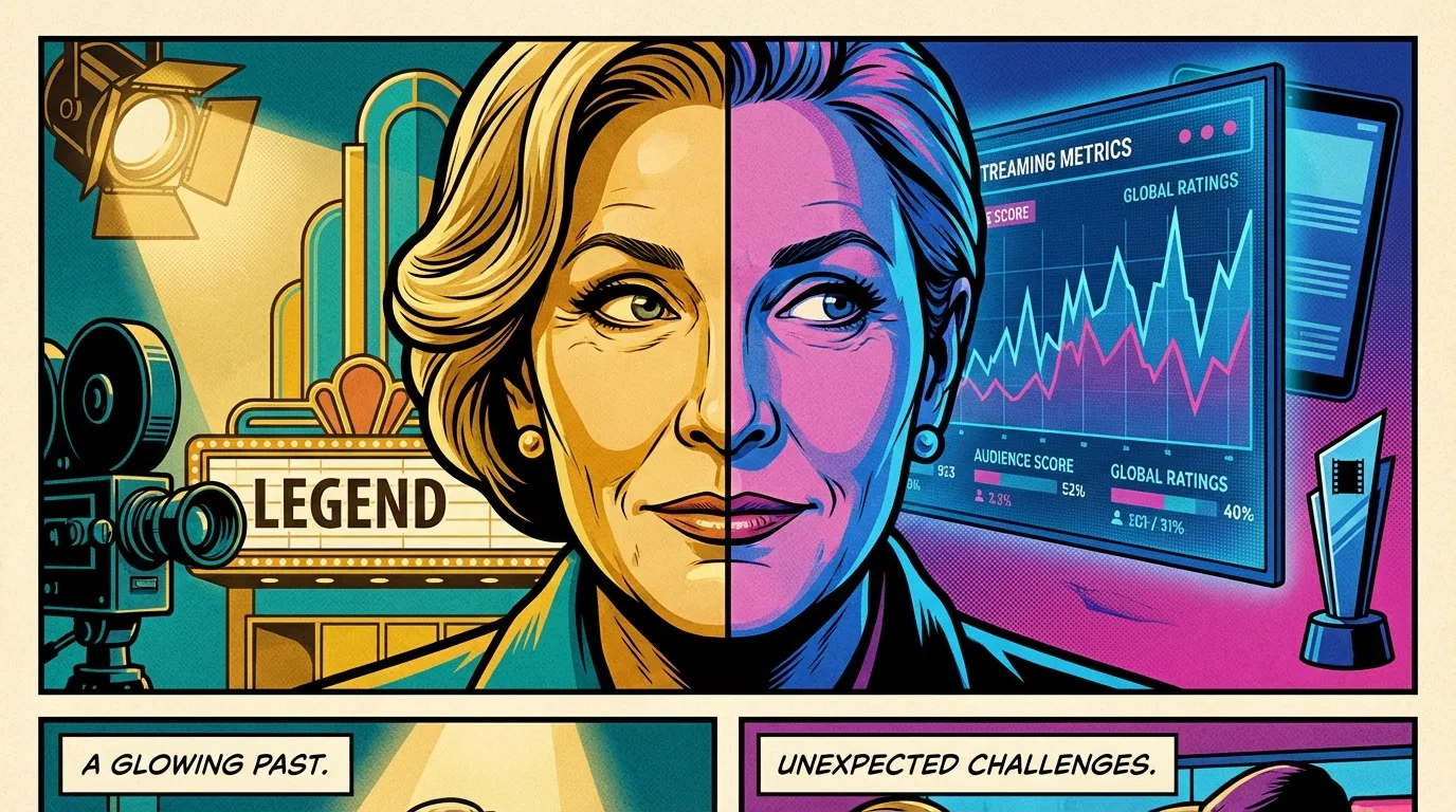 A thoughtful portrait of Michelle Pfeiffer symbolizing her recent movie reviews, with one side of her face lit by classic Hollywood light and the other by a modern screen showing data. Filename: michelle-pfeiffer-recent-movie-reviews-bestie-ai.webp