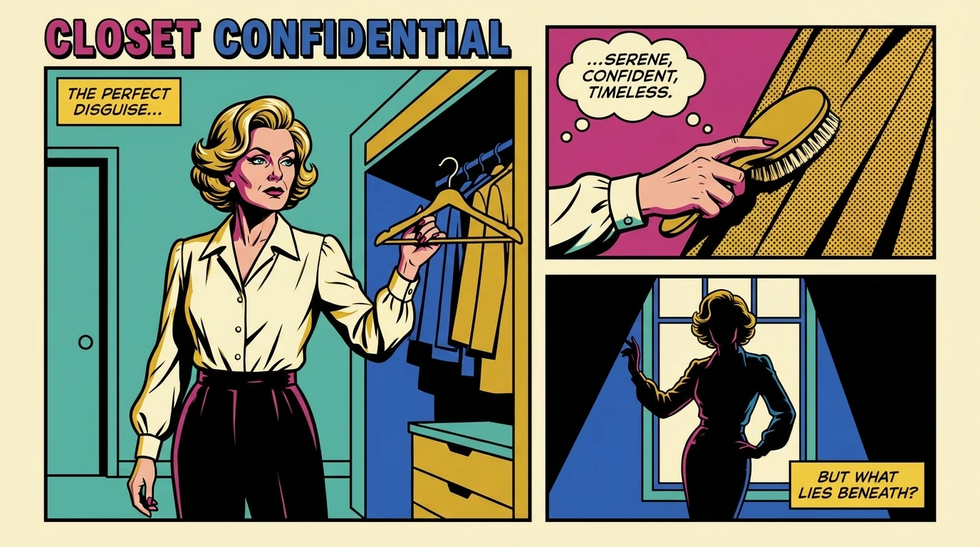 A visual representation of the Michelle Pfeiffer style evolution, showing an elegant woman in a timeless 'quiet luxury' outfit of a silk blouse and tailored trousers. filename: michelle-pfeiffer-style-evolution-bestie-ai.webp