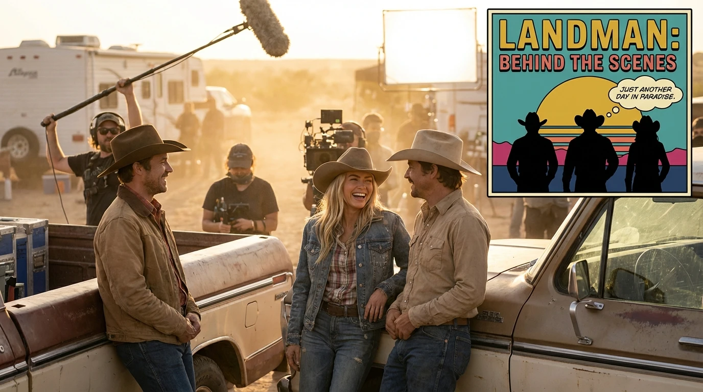 Michelle Randolph laughing with the 'Landman' cast in a behind-the-scenes photo, showcasing the camaraderie on the set of the Taylor Sheridan series. michelle-randolph-landman-behind-the-scenes.webp