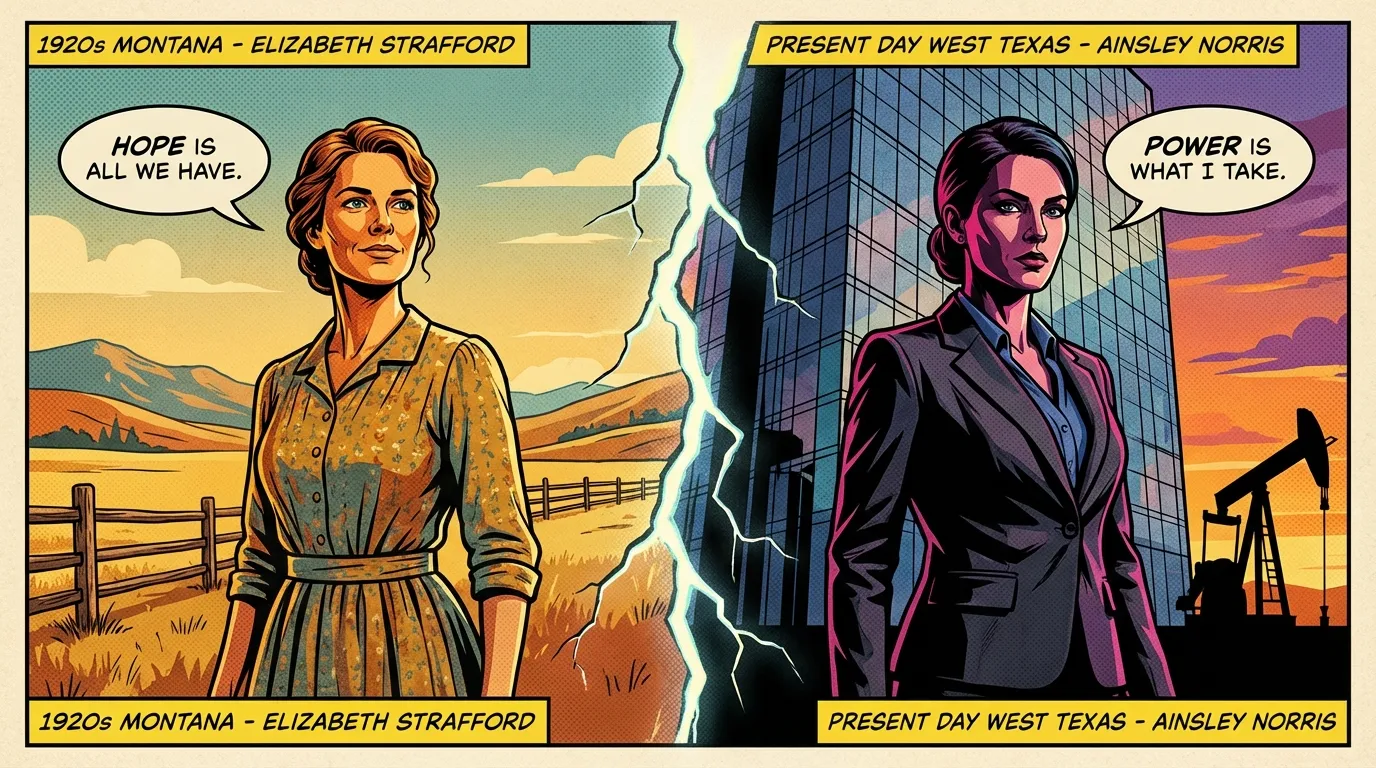 A split image illustrating the acting range of Michelle Randolph, showing her as a historical character in a rustic setting and a modern professional in a corporate world. Filename: michelle-randolph-acting-roles-comparison-bestie-ai.webp