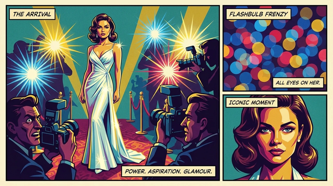 A stunning visual representing the Michelle Randolph style evolution, showing the confident actress in an iconic gown on the red carpet. michelle-randolph-style-evolution-bestie-ai.webp