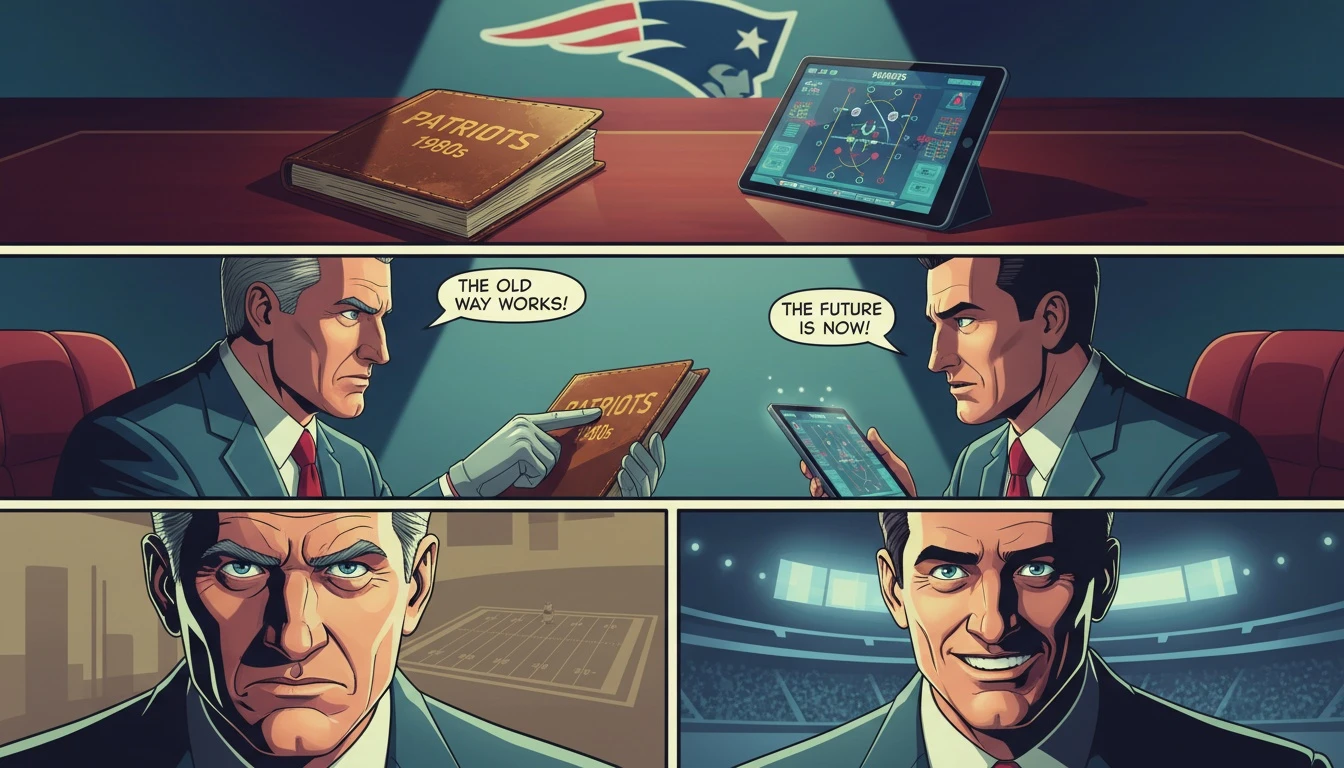 A strategic visual representing the Mike Vrabel Josh McDaniels relationship, with two contrasting playbooks on a desk symbolizing their different coaching styles and potential partnership with the Patriots. Filename: mike-vrabel-josh-mcdaniels-relationship-bestie-ai.webp