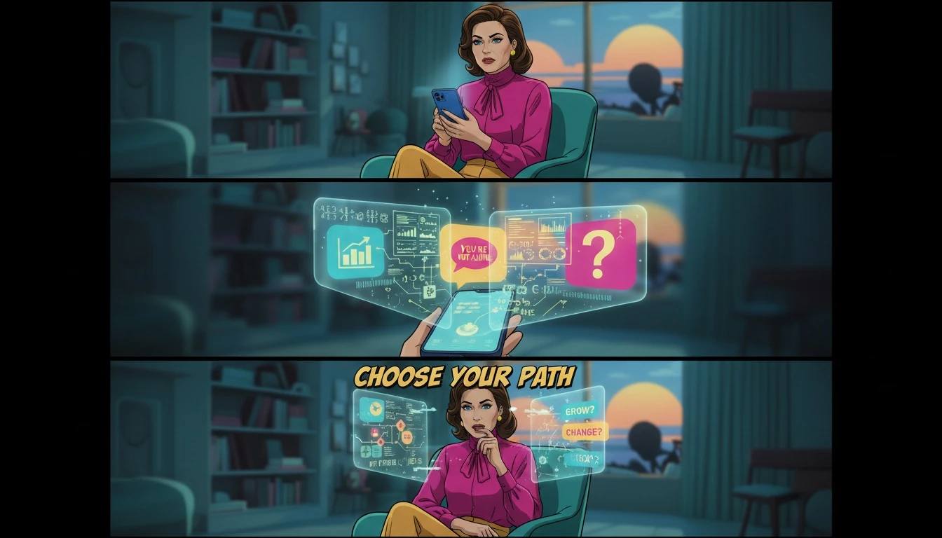 A person thoughtfully considering their choice in the Mindsera vs Rosebud AI journal debate, with glowing app interfaces representing different paths to self-reflection. filename: 'mindsera-vs-rosebud-ai-journal-bestie-ai.webp'