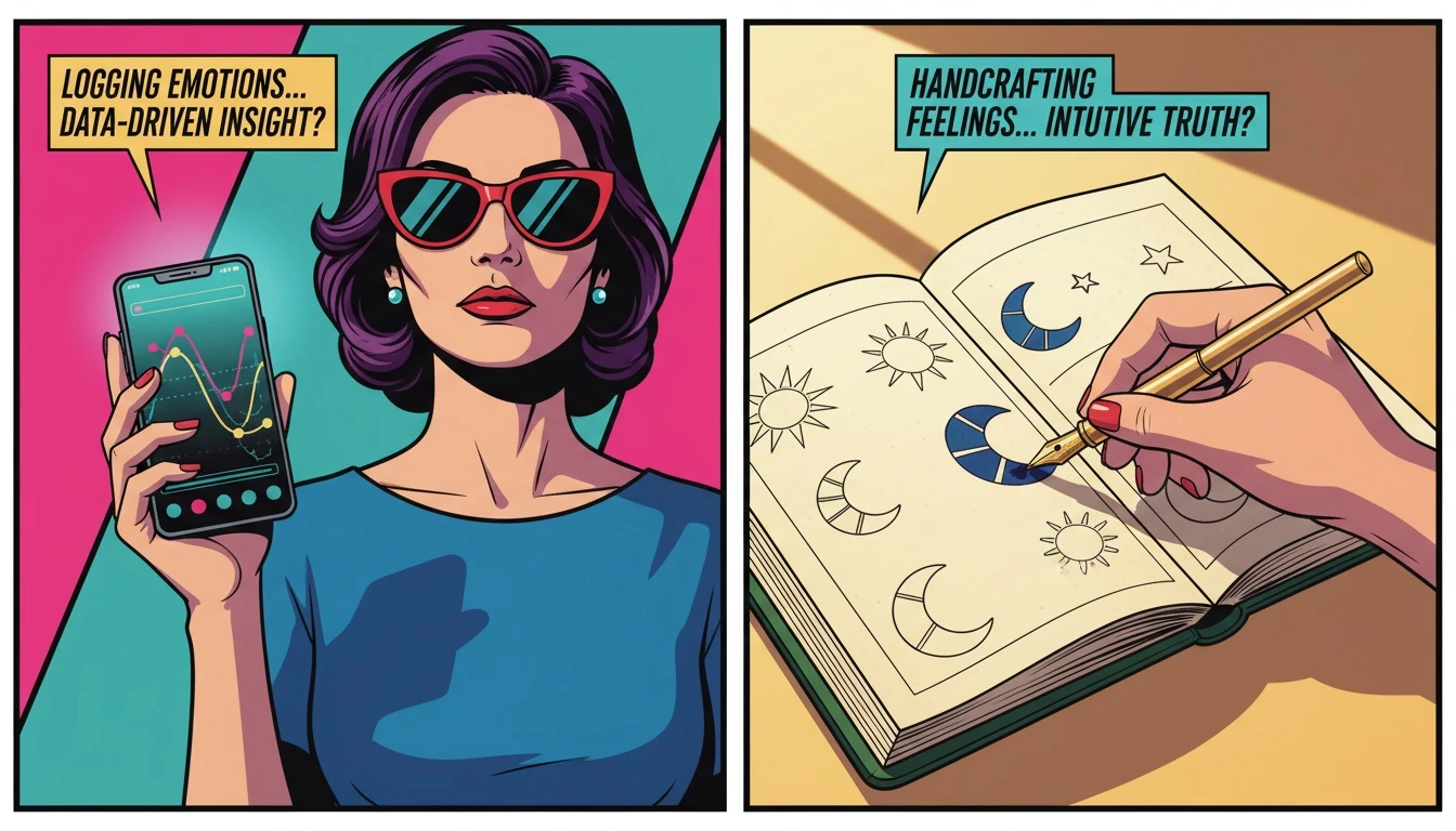 A split image visually comparing a mood tracker app vs journal, with a digital graph on a phone on one side and a hand-drawn bullet journal on the other, representing a choice in mental wellness tools. filename: mood-tracker-app-vs-journal-bestie-ai.webp