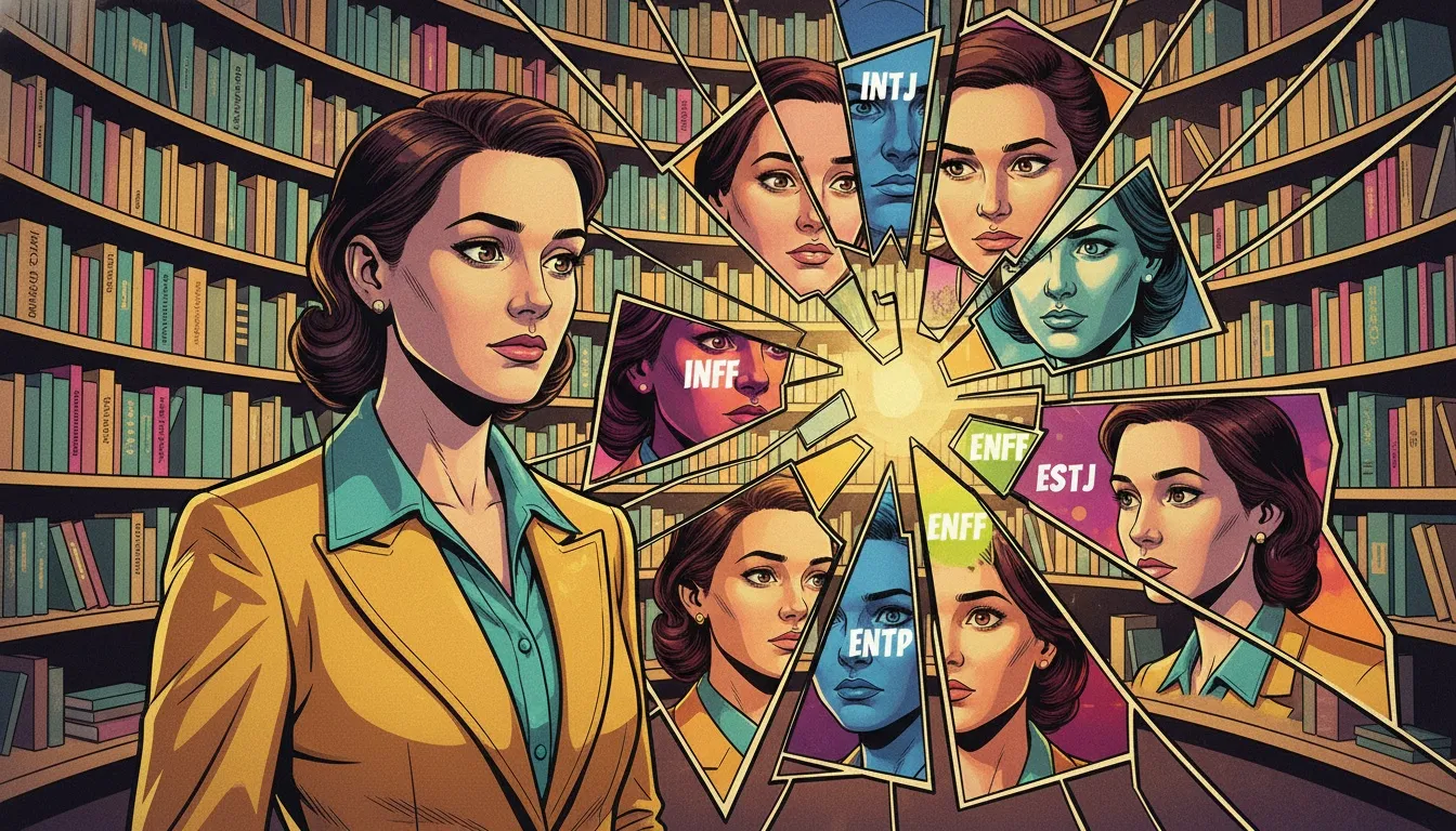 A person reflects on their MBTI test accuracy by looking into a shattered mirror that shows different facets of their personality. Filename: mbti-test-accuracy-bestie-ai.webp