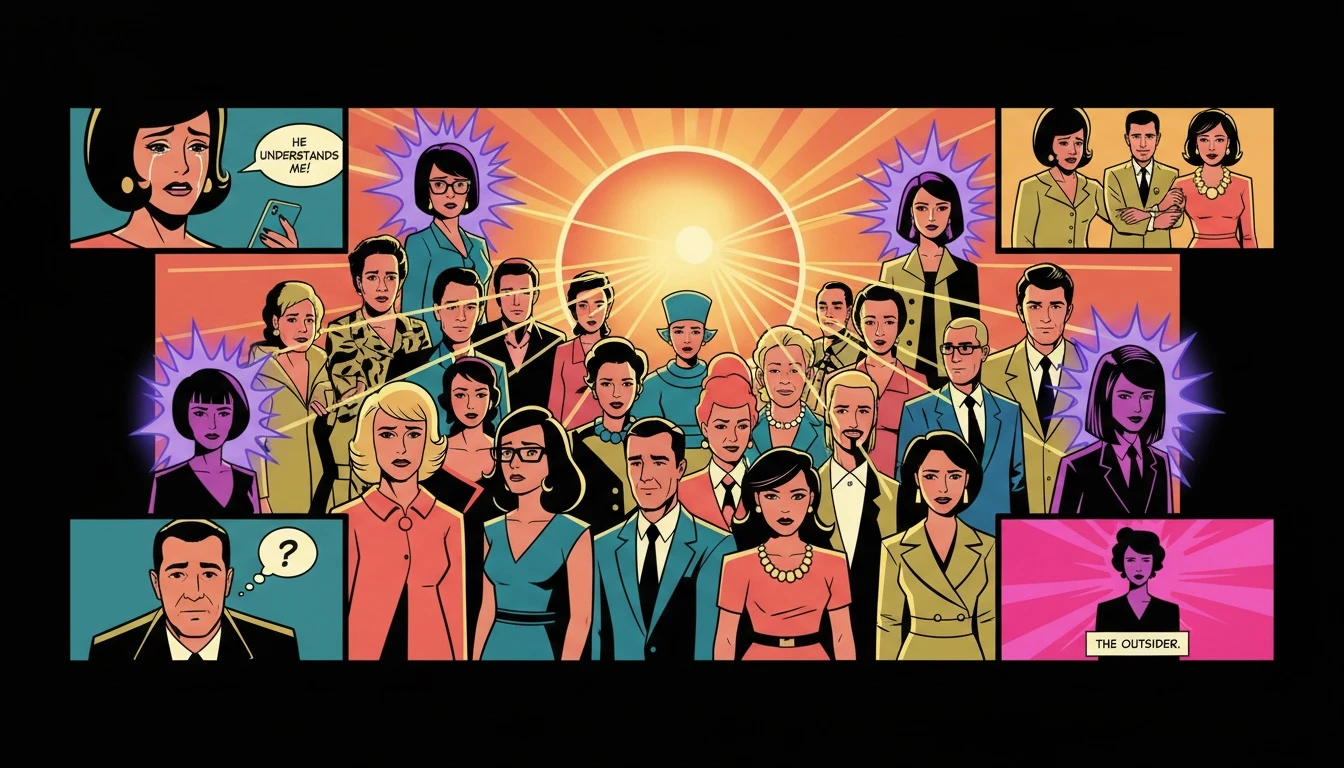 A conceptual illustration showing the distribution of the most common MBTI types, with a warm, interconnected center and unique, rare types at the edges, symbolizing social harmony. Filename: most-common-mbti-types-bestie-ai.webp