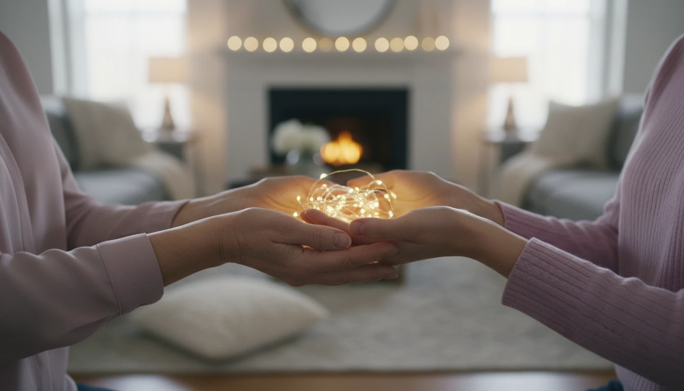 Two women's hands representing good mother daughter relationship advice, holding a glowing light that symbolizes their precious bond. mother-daughter-relationship-advice-bestie-ai.webp