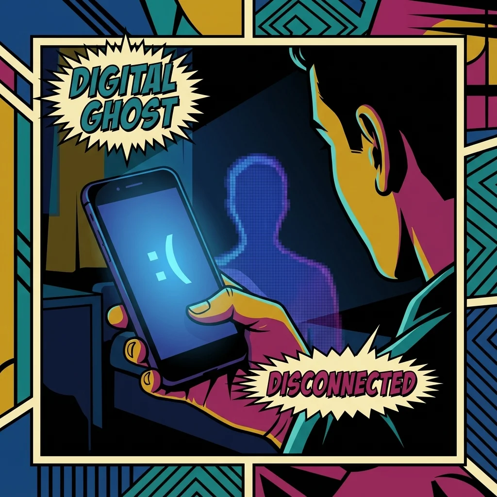 A person experiencing digital grief after the Museland AI shutdown, holding a phone that shows an empty chat screen, symbolizing the loss of an AI companion. Filename: museland-ai-shutdown-psychology-bestie-ai.webp