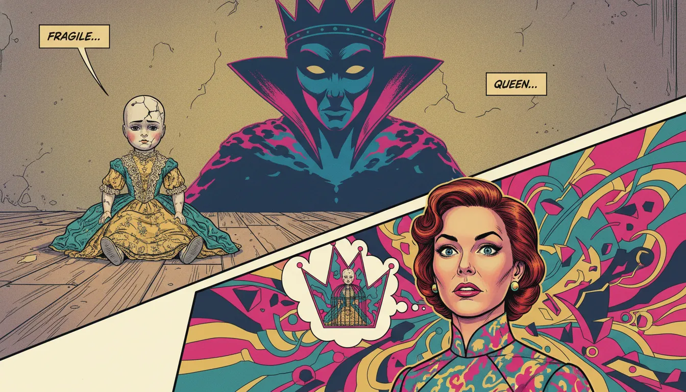 A symbolic image representing the link between narcissism and childhood trauma, showing a small, cracked doll casting a large, menacing shadow. Filename: narcissism-and-childhood-trauma-bestie-ai.webp