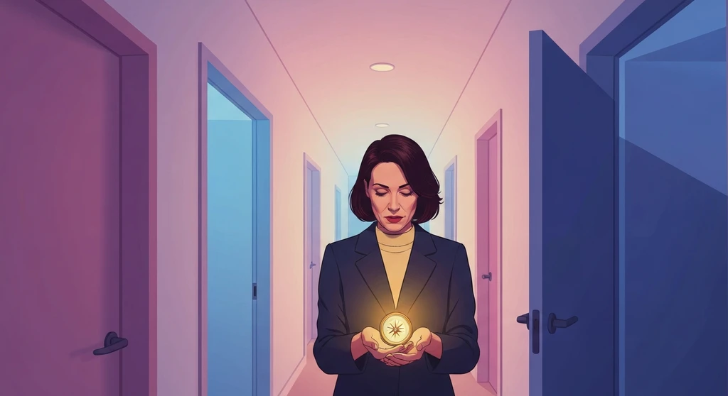 A woman using a glowing compass to navigate a dark hallway, representing the journey through narcissistic abuse and anxiety to find clarity-bestie-ai.webp