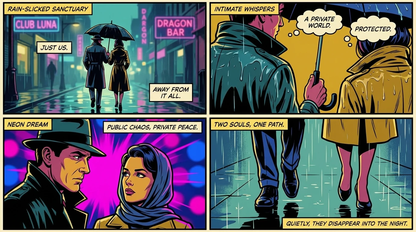 A couple walks in the rain at night, symbolizing the privacy of the Natalia Dyer and Charlie Heaton relationship in 2024 amidst public life. filename: natalia-dyer-charlie-heaton-relationship-2024-bestie-ai.webp