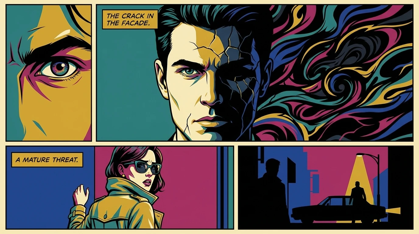 A symbolic image for a Nate Jacobs character analysis Euphoria inspired piece, showing a man's cracked porcelain facade that reveals inner turmoil and toxic masculinity. Filename: nate-jacobs-character-analysis-euphoria-bestie-ai.webp