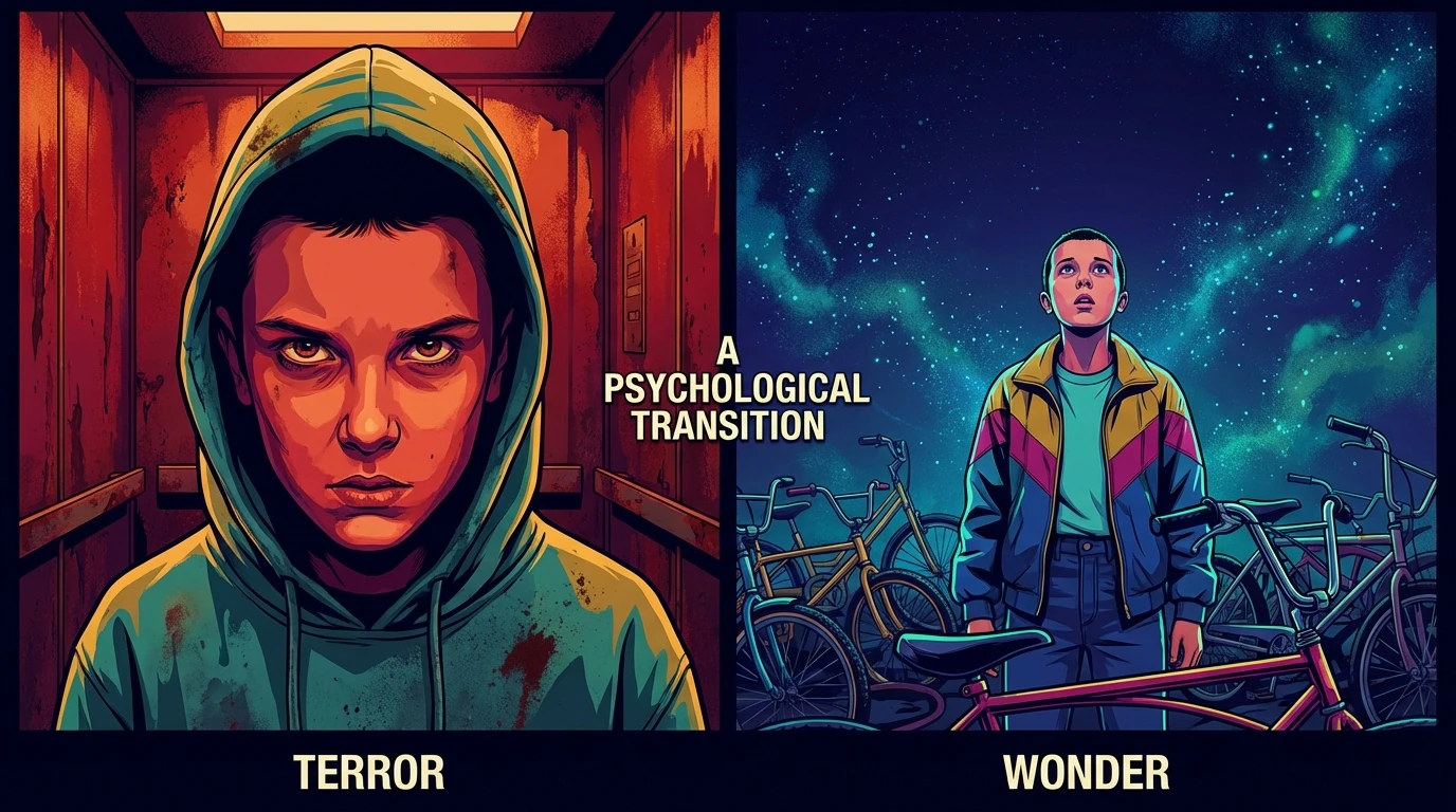 A symbolic split image showing the psychological transition of actor Nell Fisher from the horror of 'Evil Dead Rise' to the mystery of 'Stranger Things'. nell-fisher-psychological-transition-bestie-ai.webp