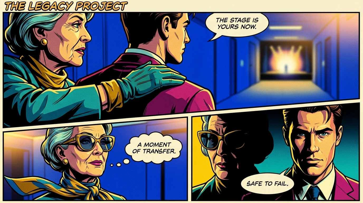 A symbolic image representing the mentorship Nell Fisher received, with an experienced hand guiding a younger person towards a bright stage, illustrating psychological safety and career guidance. nell-fisher-mentorship.webp