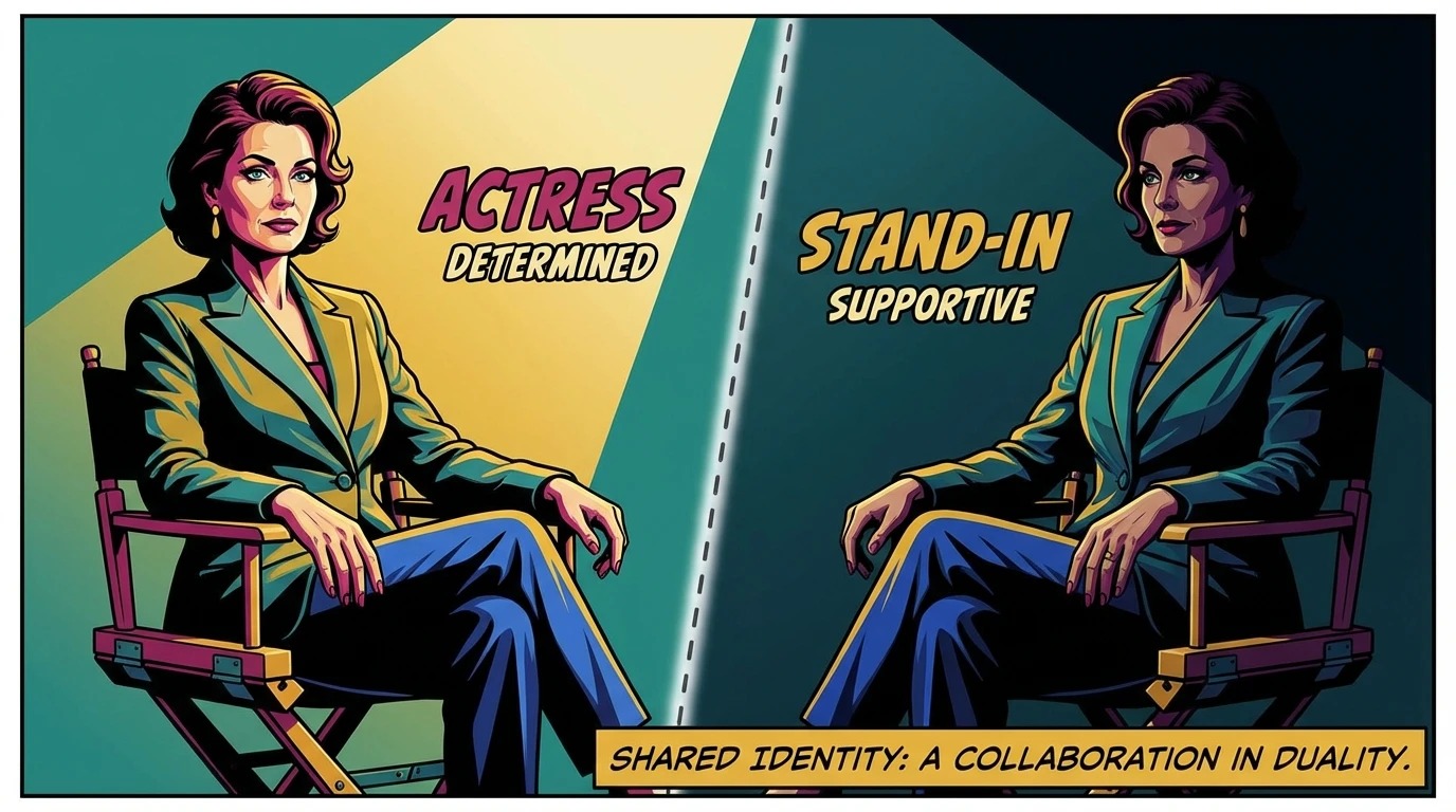 A symbolic image representing the psychology of identity and collaborative creation, inspired by actress Nell Fisher and her stand-in. nell-fisher-psychology-of-doppelgangers-and-identity.webp