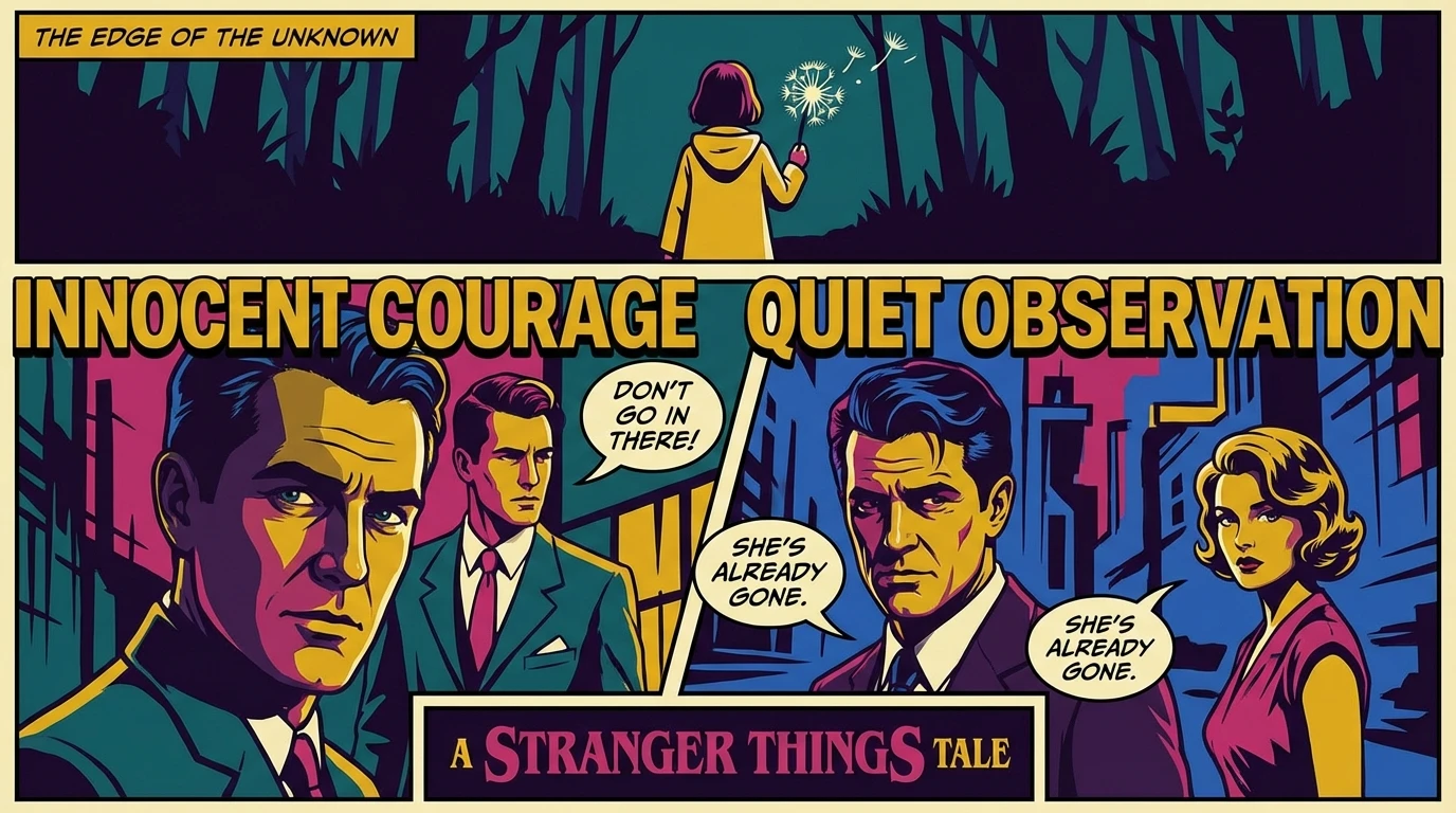 An image depicting the youngest child archetype, with a child observing a dark forest, symbolizing the expanded role of Holly Wheeler played by Nell Fisher in Stranger Things 5. nell-fisher-youngest-child-archetype-bestie-ai.webp