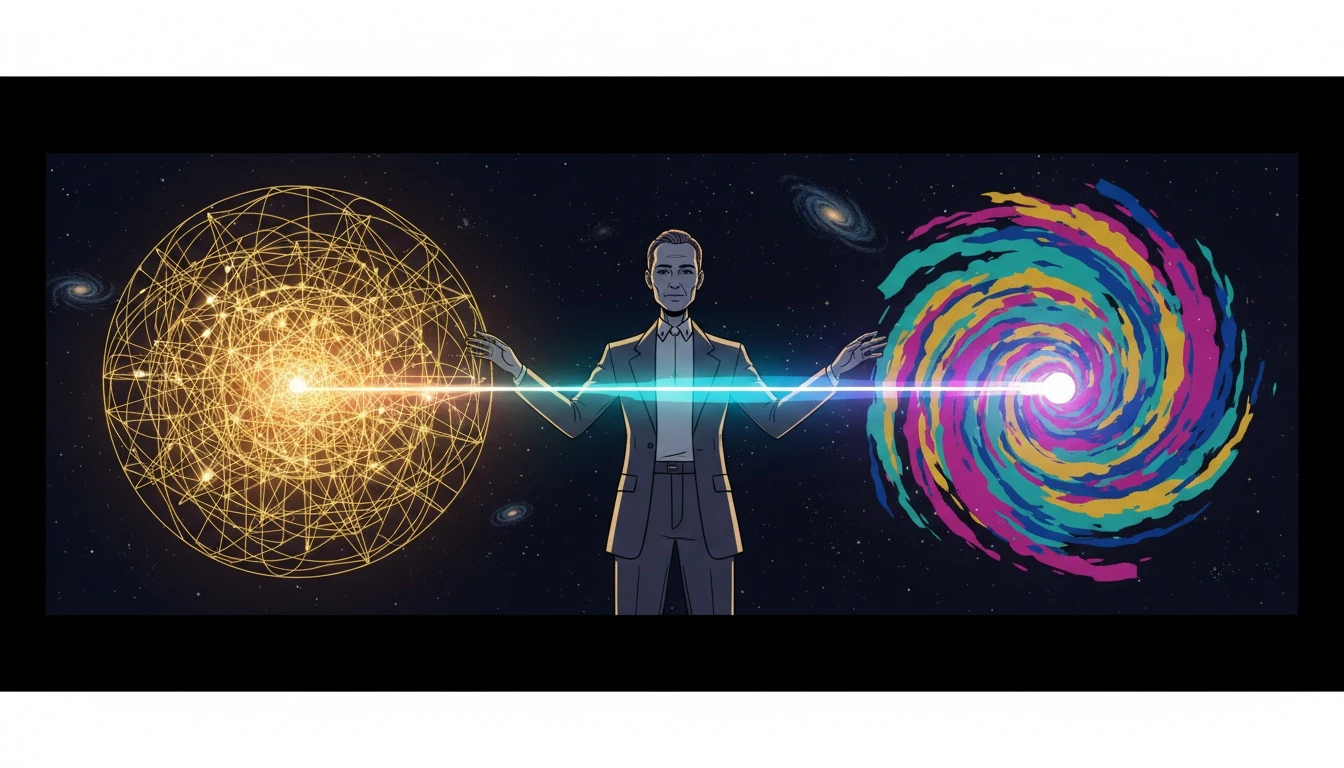 An artistic representation of networked thought vs conversational AI, showing a structured web of ideas being fed by a fluid stream of insight shaped by an AI partner. Filename: networked-thought-vs-conversational-ai-bestie-ai.webp