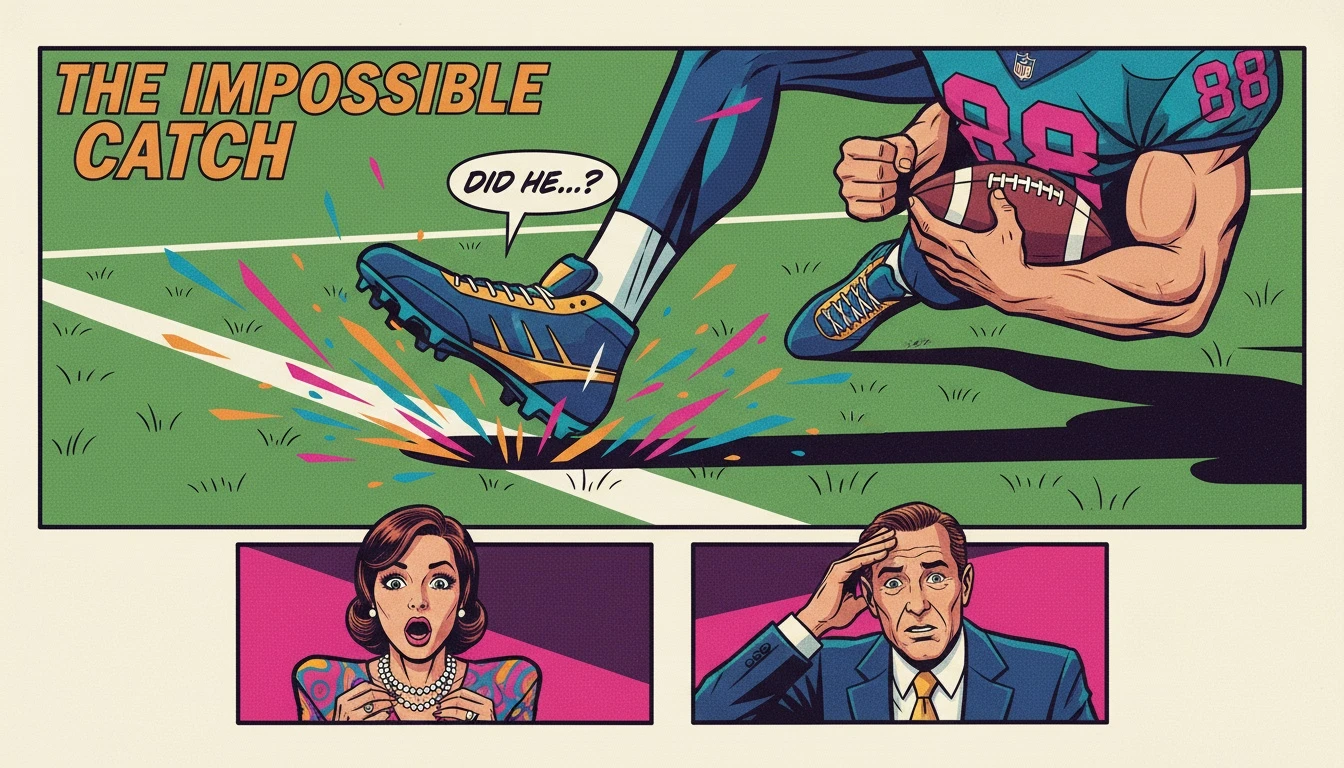 A dramatic close-up of a football player's cleat toe-tapping the sideline, illustrating the fine line of the nfl-catch-rule-explained-hopkins-bestie-ai.webp.