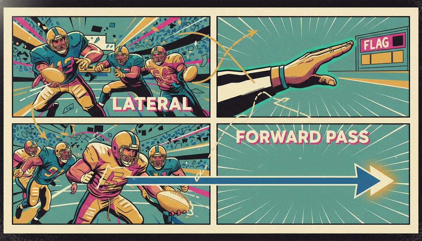 A referee's signal illustrates the NFL illegal forward pass vs lateral rule over a chaotic football play. Filename: nfl-illegal-forward-pass-vs-lateral-rule-bestie-ai.webp