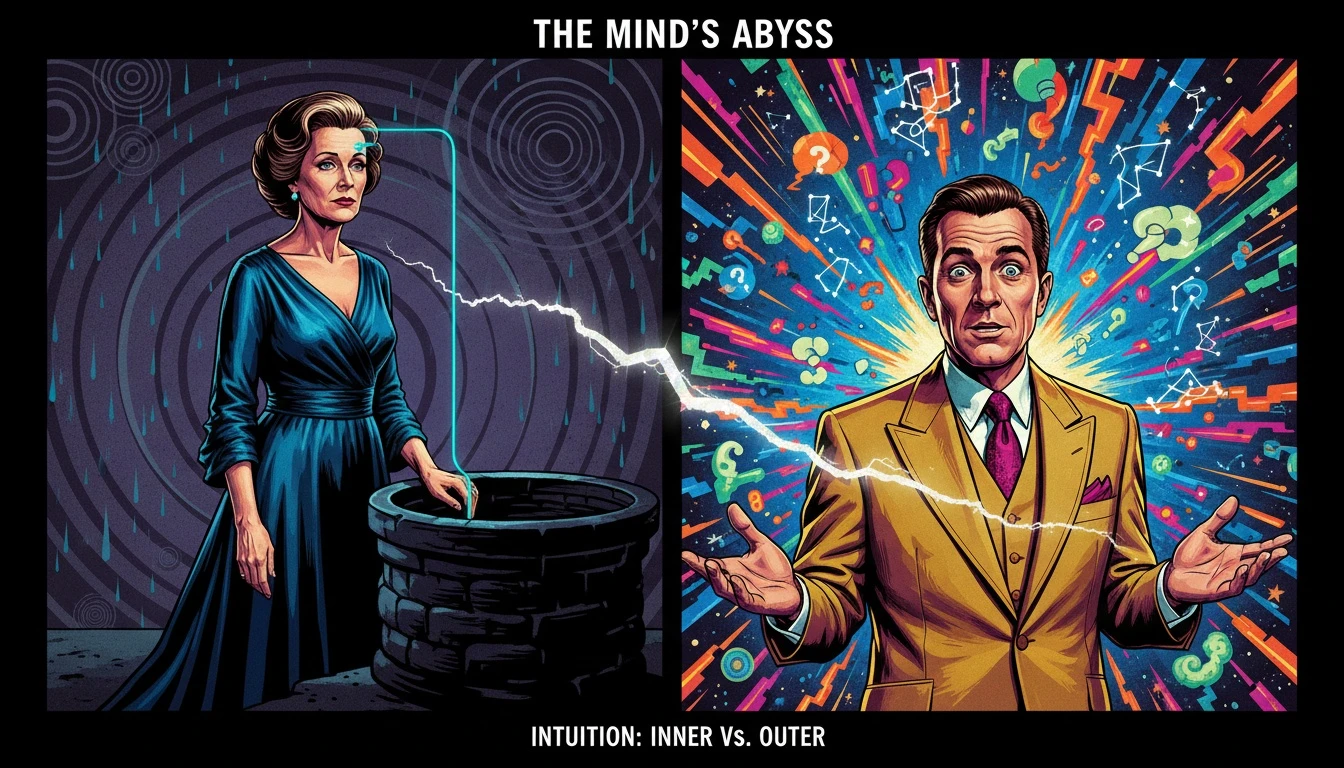 A symbolic representation of ni vs ne cognitive functions, showing a single focused thread for introverted intuition and an expansive network for extroverted intuition. Filename: ni-vs-ne-cognitive-functions-bestie-ai.webp