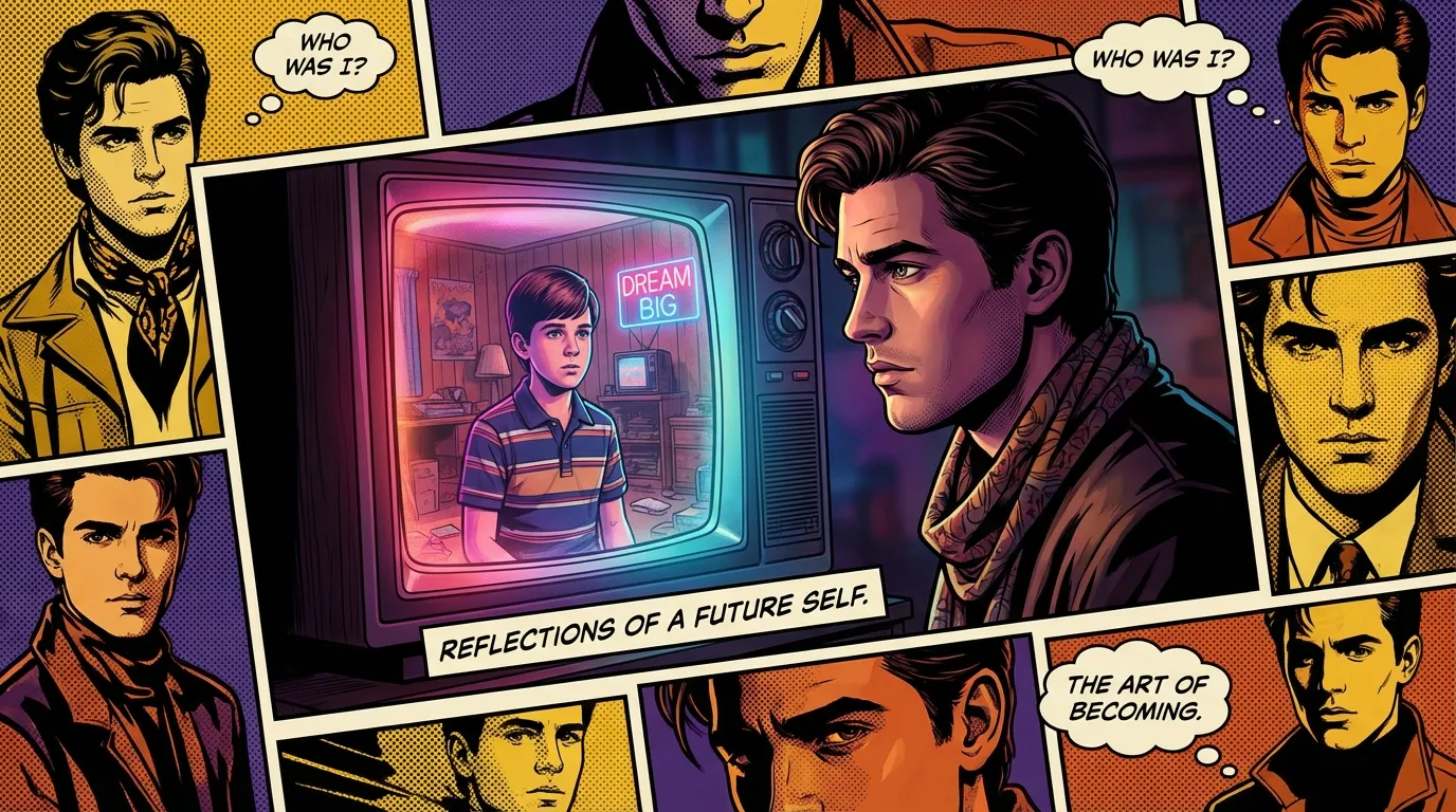 A symbolic image representing the Noah Schnapp coming out story, where he sees a reflection of himself in a glowing screen, illustrating his journey of self-acceptance. Filename: noah-schnapp-coming-out-story-bestie-ai.webp