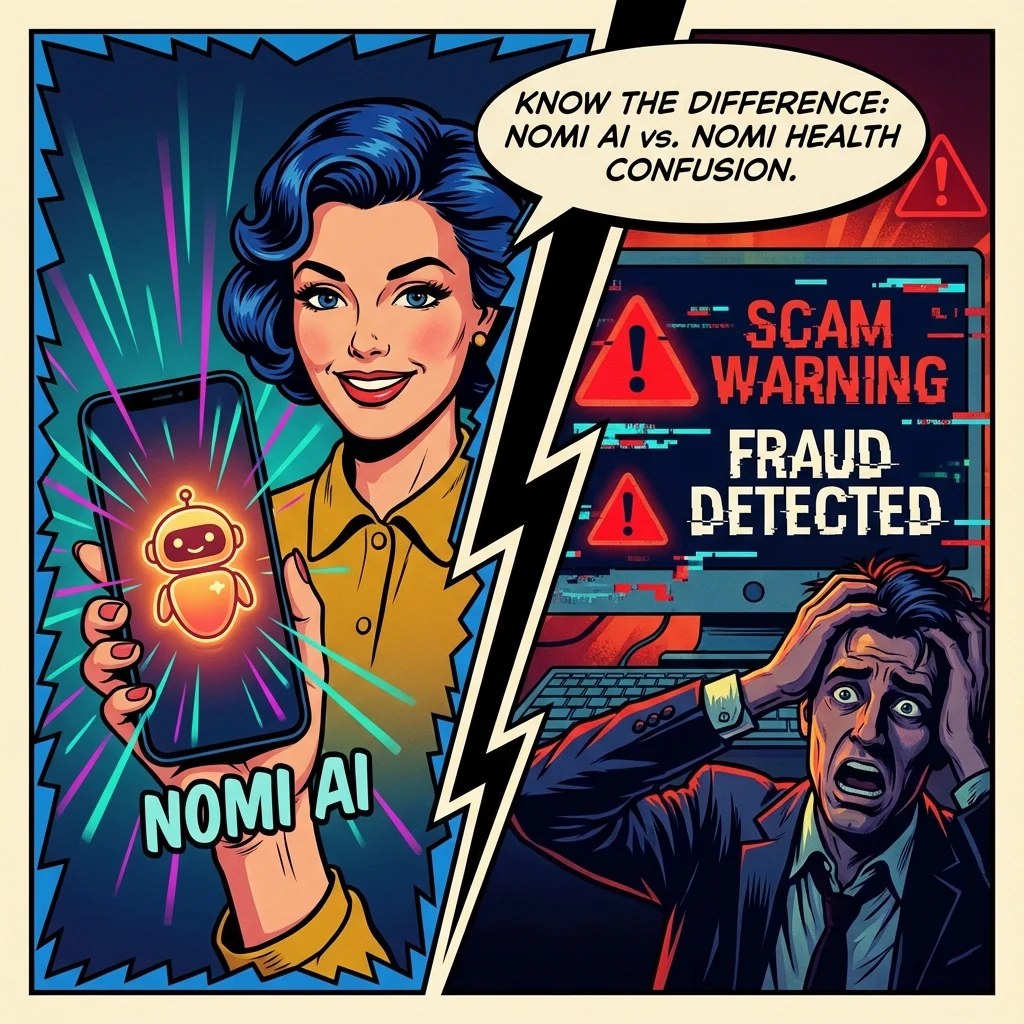 A visual representation of the Nomi AI vs Nomi Health company confusion, with a safe AI app on one side and a dangerous job scam warning on the other, illustrating the need for discernment. Filename: nomi-ai-vs-nomi-health-company-bestie-ai.webp