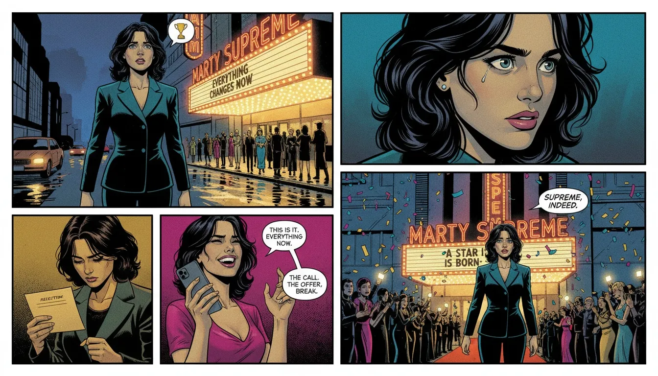 A stylized image representing Odessa A'zion's career breakthrough with the movie 'Marty Supreme', showing her looking towards a bright future. Filename: odessa-azion-marty-supreme-movie-bestie-ai.webp