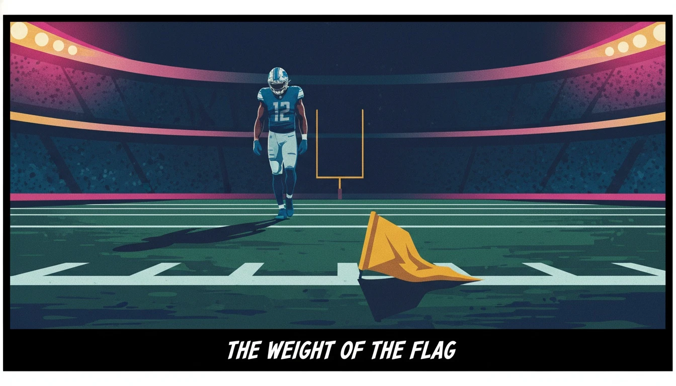 A yellow penalty flag on a football field, illustrating the controversial offensive pass interference rule explained in the context of the Detroit Lions' loss. filename: offensive-pass-interference-rule-explained-lions-bestie-ai.webp