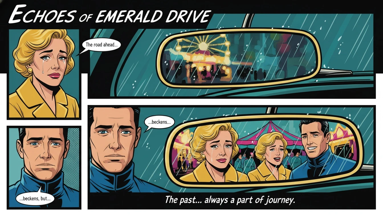 A symbolic image exploring the Olivia Rodrigo boyfriend drama, showing a rainy rearview mirror reflecting a past carnival, representing heartbreak and moving on. Filename: olivia-rodrigo-boyfriend-timeline-bestie-ai.webp