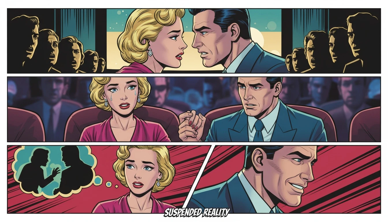 An image illustrating the concept of on-screen chemistry explained, showing an audience captivated by a romantic scene on a movie screen, symbolizing the viewer's emotional investment in fictional love. Filename: on-screen-chemistry-explained-bestie-ai.webp