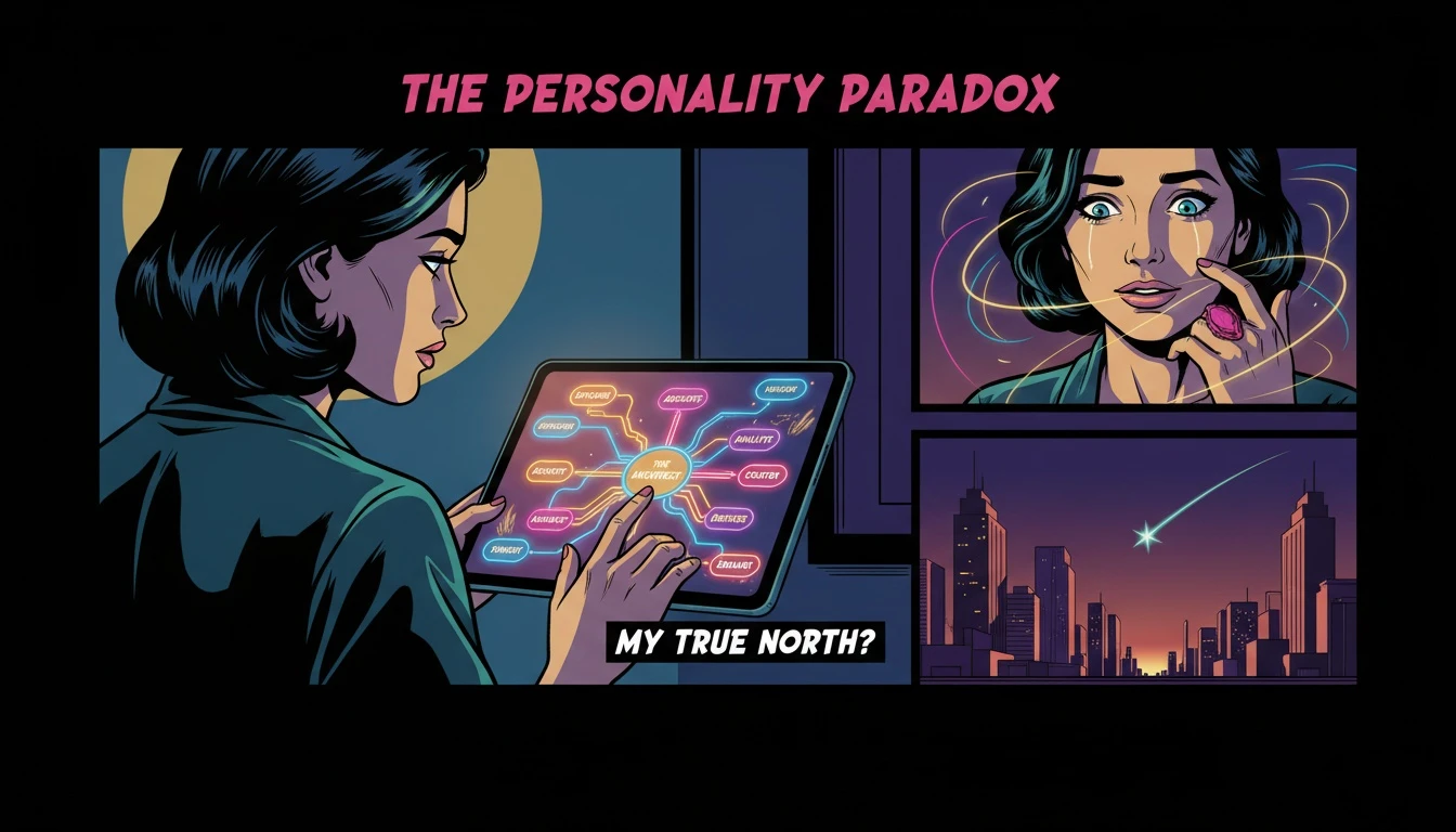 A person studies a glowing, complex mind map from an online personality test, considering its implications for mental health screening and self-understanding. filename: online-personality-test-mental-health-screening-bestie-ai.webp