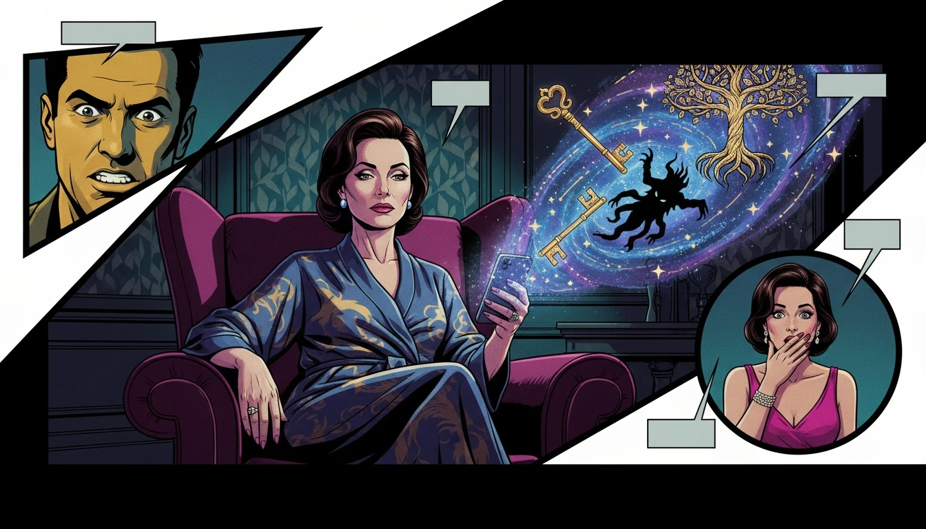 A person finding deeper meaning beyond a typical online therapist free chat, as their phone reveals a galaxy of symbolic Jungian archetypes. filename: online-therapist-free-chat-ai-spiritual-guidance-bestie-ai.webp