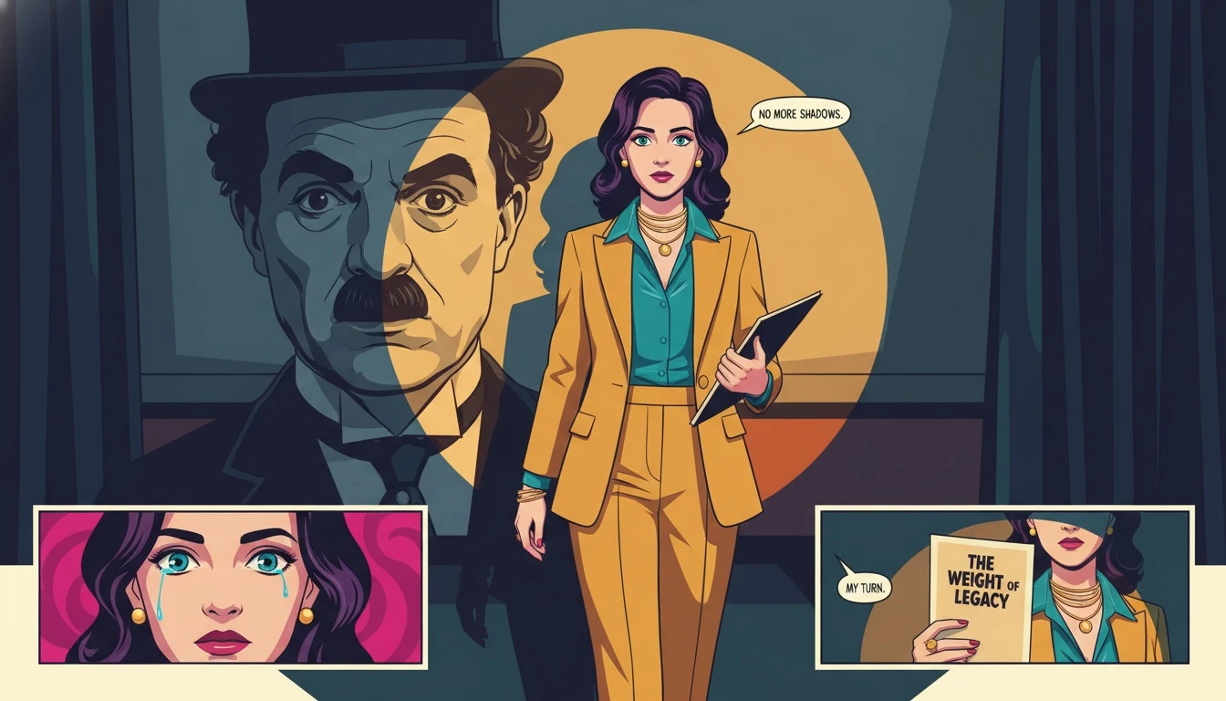 An image symbolizing the Oona Chaplin nepo baby debate, showing a determined woman stepping out from the large shadow of a famous ancestor. File: oona-chaplin-bestie-ai.webp