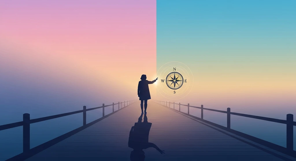 A person overcoming emotional self doubt depicted as a glowing compass in a misty landscape, emotional-self-doubt-bestie-ai.webp