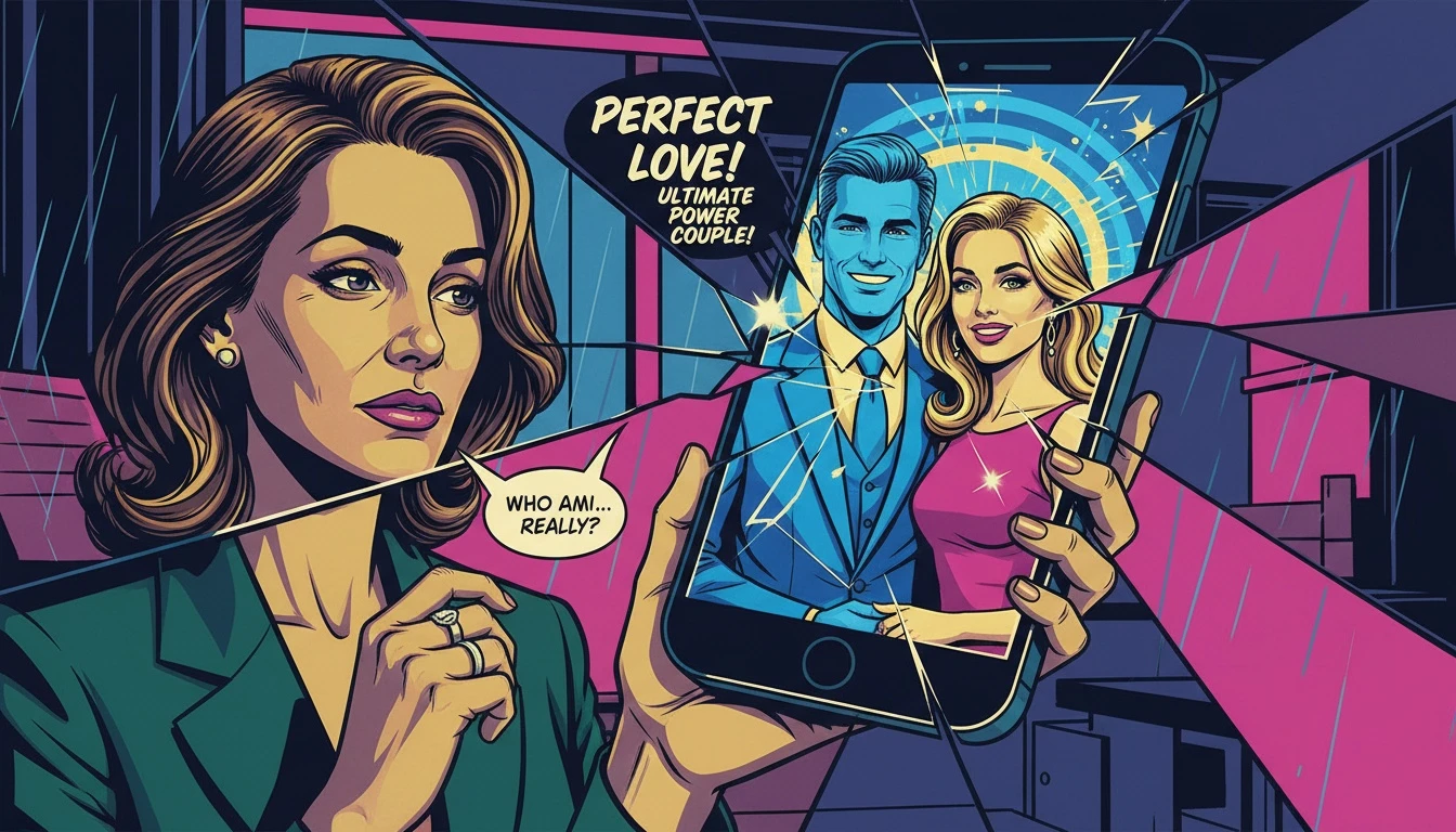 A person contemplating the parasocial relationships effect on dating by seeing their own reflection over an image of a celebrity couple on a phone. filename: parasocial-relationships-effect-on-dating-bestie-ai.webp