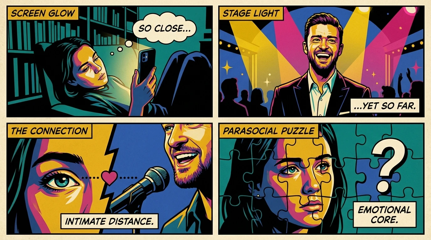 A person looking at a photo of a celebrity on their phone, illustrating the complex dynamic of parasocial relationships vs fandom. filename: parasocial-relationships-vs-fandom-bestie-ai.webp